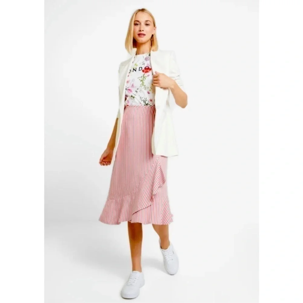 Ted Baker Corn Layered Striped Ruffle Hem Midi Pencil Skirt NWT